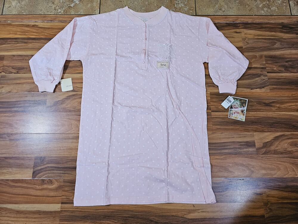 Aria Sleeper Shirt, Lace Embroidered, Light Pink White Polka Dot Sz M New 1990s